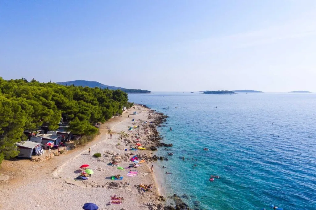 Aerial view of the pine-lined beach and clear sea at Camp Adriatic near Primošten